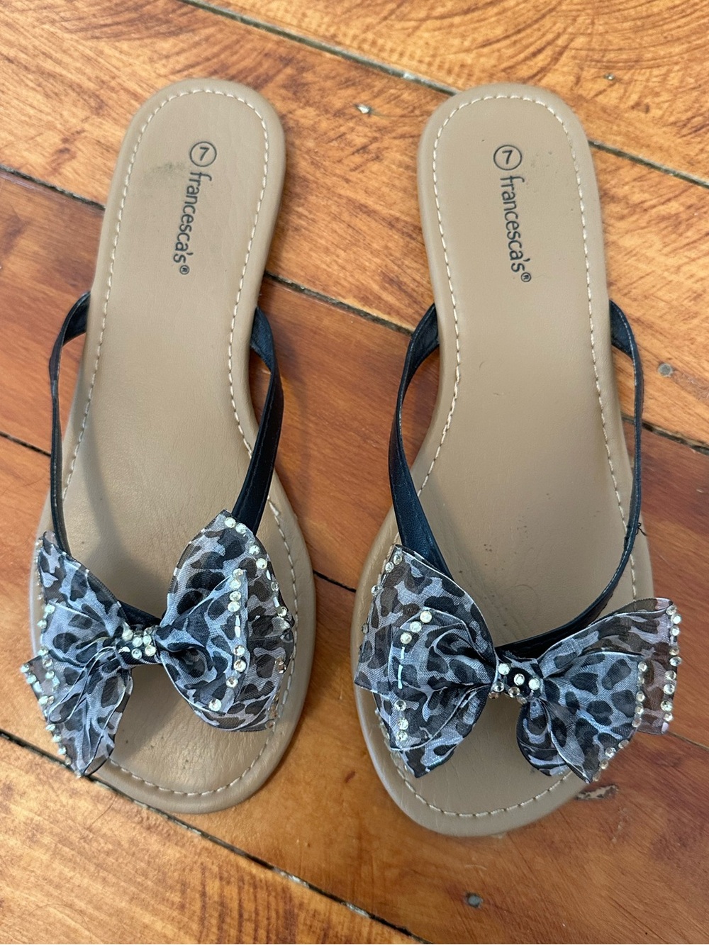 Francesca's Leopard Bow Slide Sandals in Black and Tan